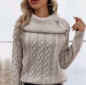 New Luxe Cable Knit Cowl Neck Sweater Long Sleeve Khaki Tan